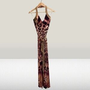 NEW Sky Halter Maxi Dress Animal Print Suede Detail Belted Small